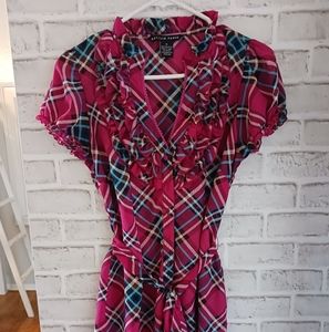 Antilia Femme • Women's Hot Pink Ruffled Collar Tie Sash Tunic Blouse